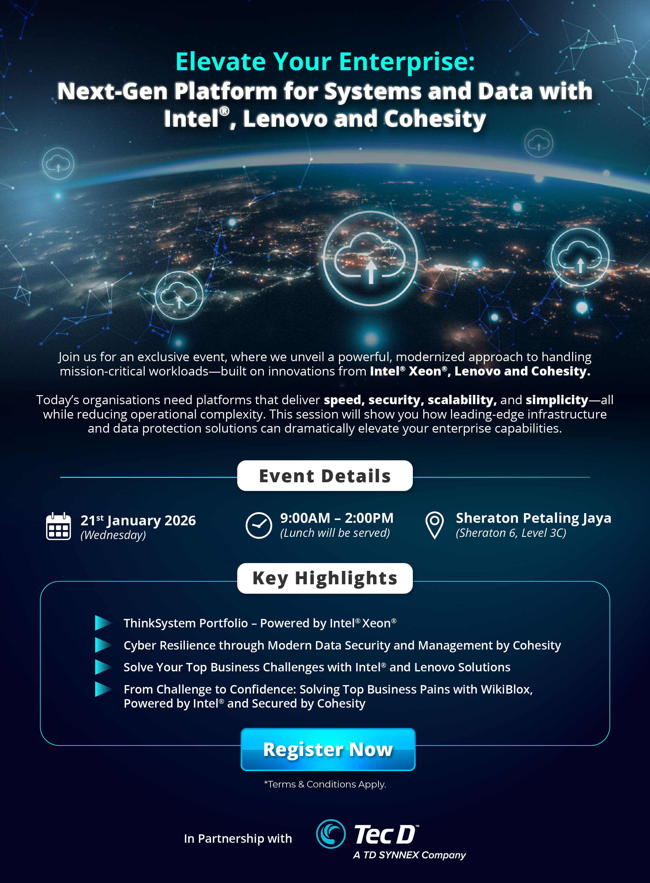 Join our event where we unveil a powerful modernized approach to handling mission-critical workloads - built on innovations from Intel Xeon, Lenovo and Cohesity.