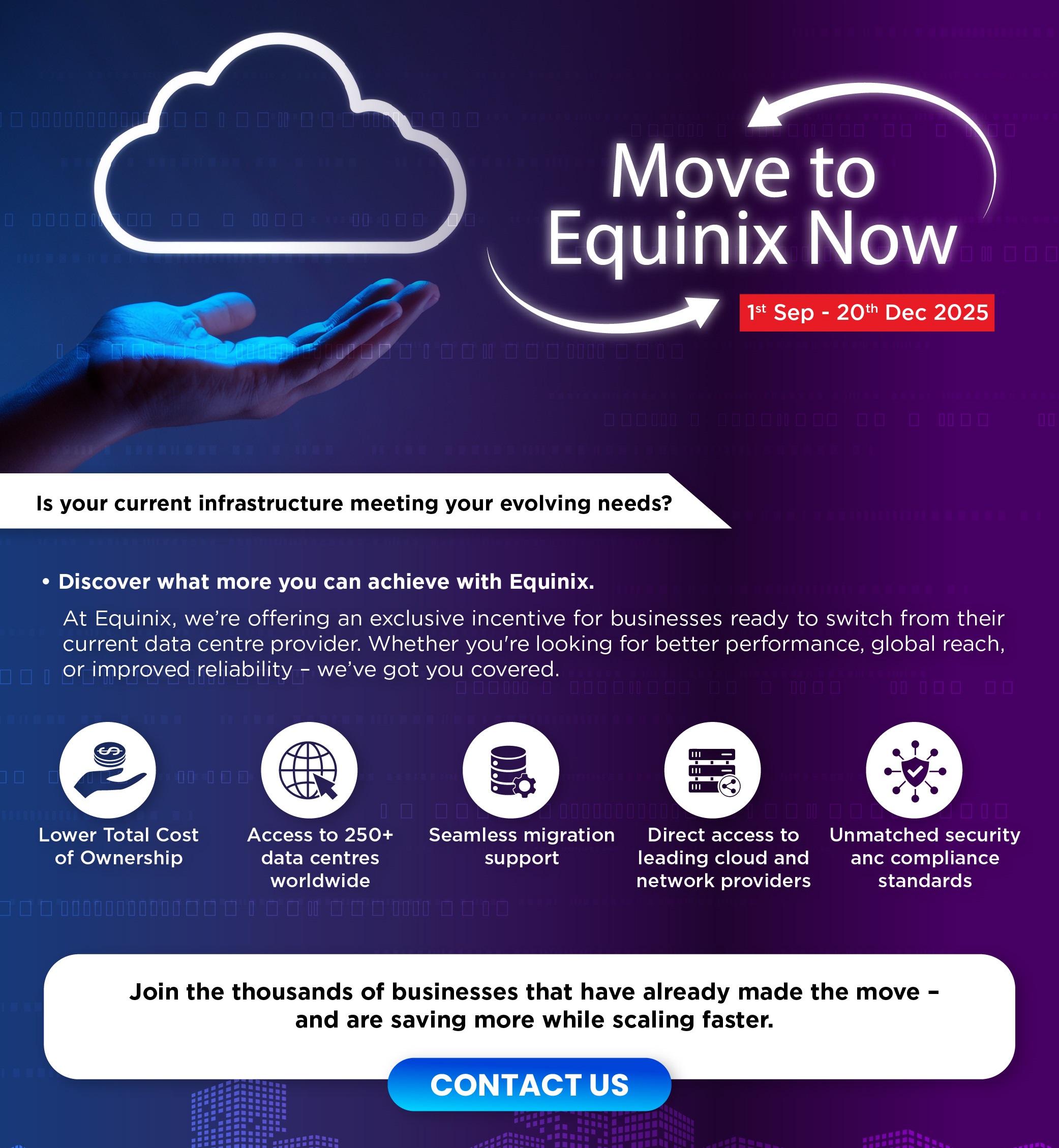 At Equinix, we're offering an exclusive incentive for businesses ready to switch from their current data center provider. Whether you're looking for better performance, global reach or improved reliability - we've got you covered.
